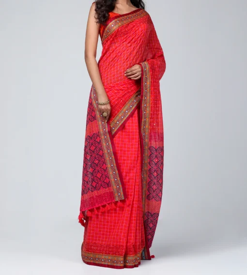 Check and Printed Cotton Saree
