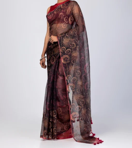 Black Printed Muslin Saree